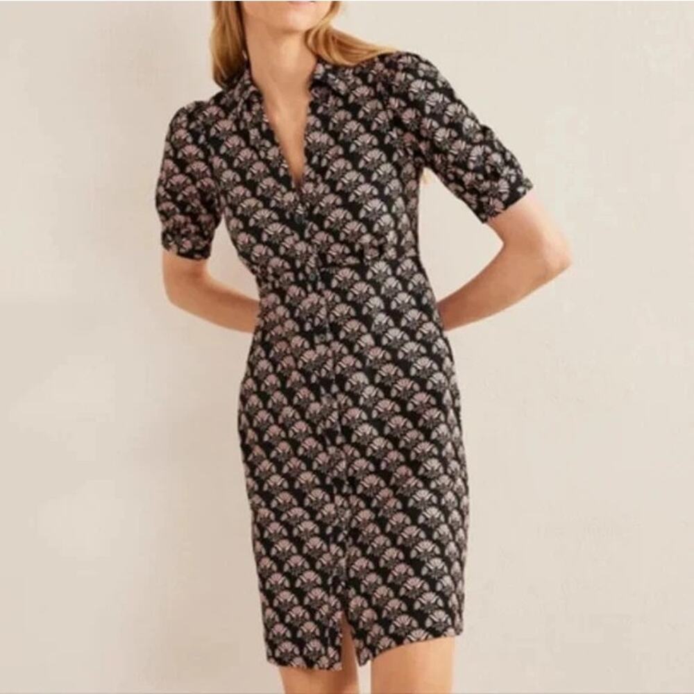 Womens Size 6P Boden Jersey Mini Tea Dress Buttons Pockets Black & Beige Pattern